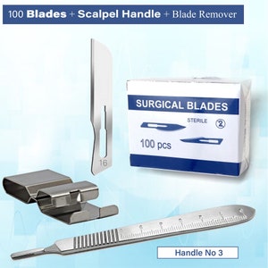 Dermaplaning Skin Care Instruments - Box of 100 Blades #16 + Graduated Scalpel Handle No.3 + Blade Remover