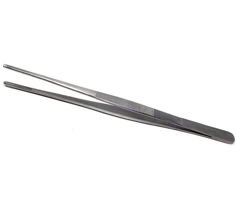 May include: A pair of silver-colored tweezers with a textured grip.