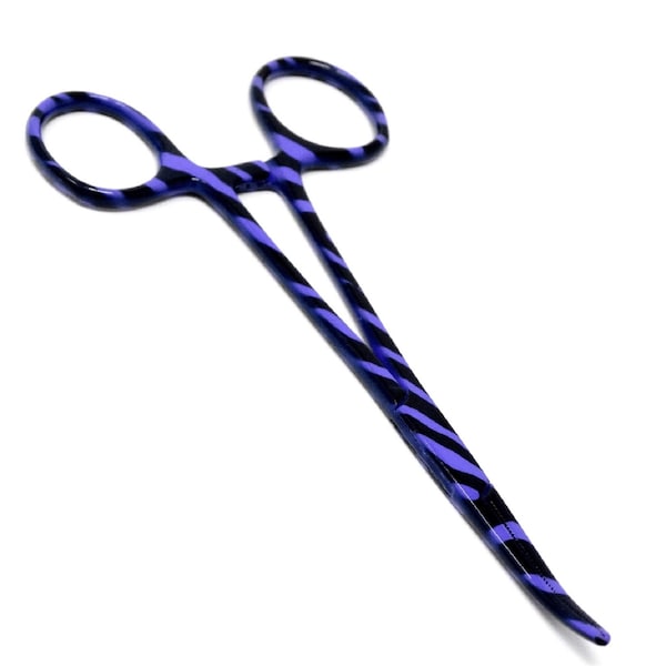 5.5" Purple Black Zebra Pattern Curved Serrated Tip Forceps for Fixing Broken Rosary & Repairing Religious Destash Clamps, Stainless Steel