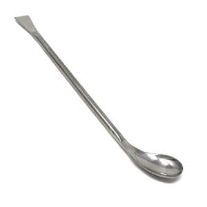 May include: A stainless steel spoon with a long handle and a rounded, spoon-shaped end. The spoon is designed for scooping and transferring small amounts of substances.