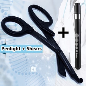 Set of Black Handle 7.5&quot; Trauma Shears with Fluoride Black Coated Non-Stick Blades + Black PenLight