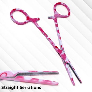 Stainless Steel 5.5" Straight Hemostat Forceps Clamping Pliers Serrated Jaws, Pink Heart Pattern