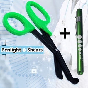 Set of Green Handle 7.5&quot; Trauma Shears with Fluoride Black Coated Non-Stick Blades + Green PenLight