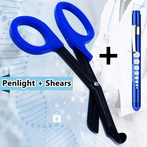 Set Blauer Griff 7,5 &quot;Trauma-Schere mit Fluorid Schwarz beschichteten Antihaft-Klingen + Blaues PenLight