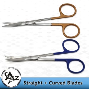 May include: Two pairs of surgical scissors with stainless steel blades. One pair has gold handles and straight blades. The other pair has blue handles and curved blades. The text "Stainless Steel CE" is printed on both pairs of scissors.