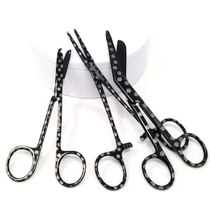 Laser Engraved Gift Under 20 Dollars Black Paws Pattern Nursing Scissors Set with Hemostat Forceps, 3Pcs Stainless Steel Vet Tech Nurse Gift