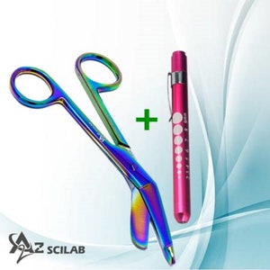 Pink PenLight + 4.5&quot; Multi Rainbow Color Bandage Scissors For Nurses, Stainless Steel