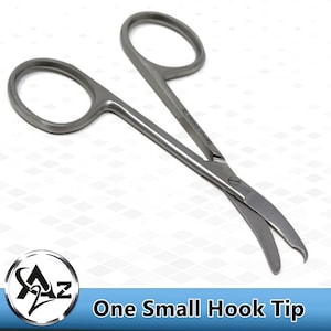 May include: Stainless steel surgical scissors with curved blades and a small hook tip. The scissors have finger loops for grip and the text "German Stainless CE" is visible on the blade. The image also includes the text "One Small Hook Tip".
