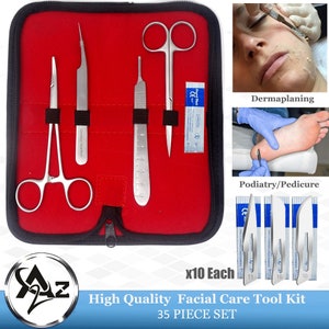 May include: A red zippered case containing a set of 35 stainless steel facial care tools. The tools include tweezers, scalpels, and a pair of scissors. The case has a label that reads "High Quality Facial Care Tool Kit 35 PIECE SET".