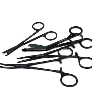 Pet Grooming 4 Pcs Gift Set of Stainless Steel Black Fluoride Coated Bandage Scissors+Hemostat Forceps+Suture Stitch Scissors Vet Tech Nurse