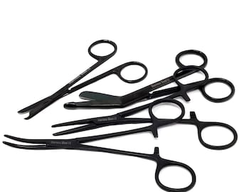 May include: A set of five black surgical instruments, including two pairs of hemostats, a pair of scissors, and a pair of forceps. The instruments are made of stainless steel and have a black finish.
