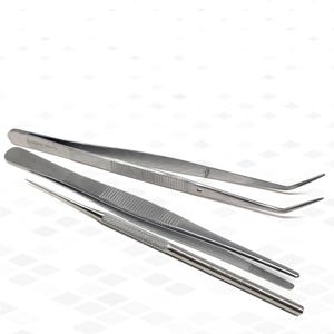 May include: Three stainless steel tweezers with different tip shapes. The tweezers are arranged in a staggered pattern on a white background.