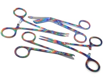 Vet Tech Nurse Gift Rainbow Color 4 Pcs Set Suture Stitch Scissors + Bandage Scissors + Hemostat Forceps Curved Jaws Pride Celebrate Diversity