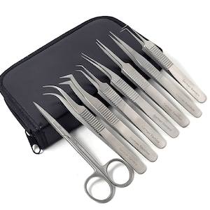 May include: Set of seven stainless steel tweezers with curved tips, and a pair of small scissors, all in a black zippered pouch. The tweezers are labeled "German Stainless".