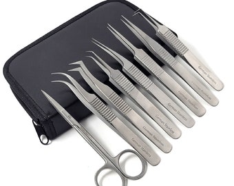 7 Piece Stainless Steel Precision Tweezers + Micro Scissors Set w/ Carrying Case - Tweezers for Jewelry, Cosmetic, Labs, Electronics