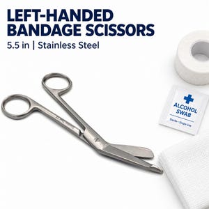 May include: Left-handed bandage scissors made of stainless steel, measuring 5.5 inches. The scissors feature a blunt-tipped angled blade, two finger rings, and a screw pivot. Included are a roll of white medical tape, an alcohol swab, and gauze.