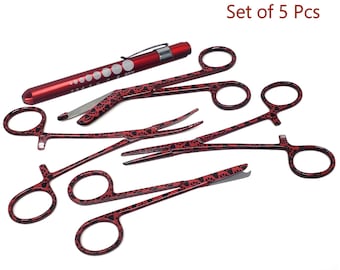 Veterinarian Gift for Vet Nurse Appreciation 5 Pcs Set of Bandage Scissors+Hemostat Forceps+Suture Stitch Scissors+Penlight, Small Pet Paws