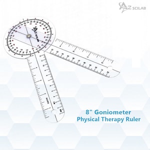 May include: A clear plastic 8-inch goniometer with a protractor and ruler for measuring angles and lengths. The goniometer is used in physical therapy.