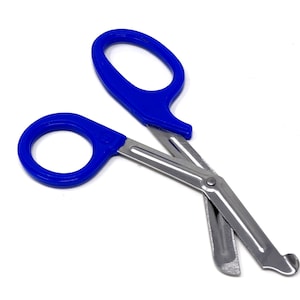 May include: Blue handled medical shears with a stainless steel blade. The shears are designed for cutting bandages and other materials.