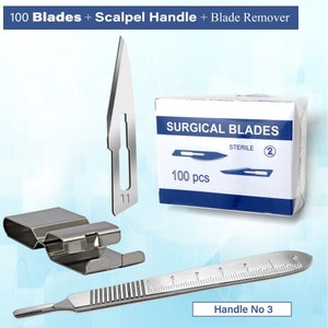 May include: A set of 100 sterile surgical blades, a scalpel handle, and a blade remover. The blades are packaged in a blue and white box with the text "SURGICAL BLADES" and "100 pcs". The scalpel handle is silver and has the text "Handle No 3".