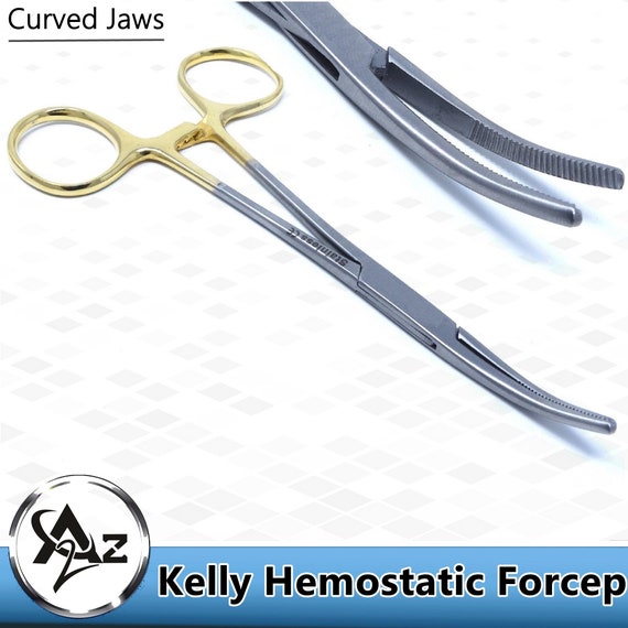 Gold Handle 5.5 Kelly Forceps Curved Tips Locking Mechanism