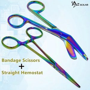 Set of 2 Pcs 5.5&quot; Lister Bandage Scissors + Hemostat Forceps 5.5&quot; Straight Serrated Jaws Multi Rainbow Color, Stainless Steel