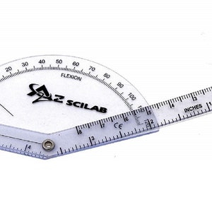 May include: A clear plastic goniometer with a protractor measuring up to 100 degrees. The protractor is labeled "Flexion" and "Hyperextension". A ruler is attached to the protractor, measuring in inches and centimeters.
