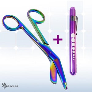 Purple PenLight + 4.5&quot; Multi Rainbow Color Bandage Scissors For Nurses, Stainless Steel