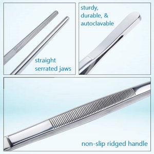 May include: A pair of stainless steel tweezers with straight, serrated jaws and a non-slip ridged handle. The tweezers are sturdy, durable, and autoclavable.