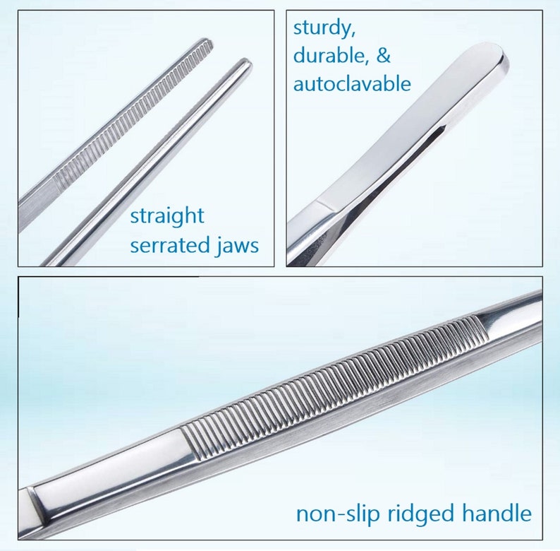 May include: A pair of stainless steel tweezers with straight, serrated jaws and a non-slip ridged handle. The tweezers are sturdy, durable, and autoclavable.