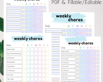 May include: Printable weekly chore chart with two versions. The chart is divided into daily tasks and days of the week. The chart has a light blue background with rainbow colored borders around each square. The text "weekly chores" is written in black at the top of the chart.