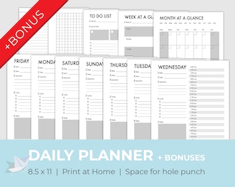 Daily Planner Printable; Standard 8.5 x 11 Size; 7-day Printables + BONUS Weekly and monthly overview plus more!