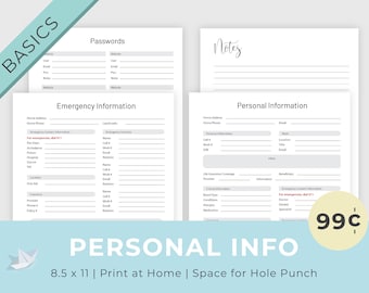 Personal Information Basics Printable, Emergency plan printable, contact information, password keeper, print at home, 8.5 x 11