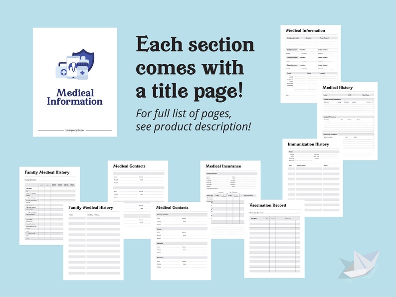 May include: A printable medical information booklet with a cover page featuring a medical symbol and the text "Medical Information". The booklet includes sections for medical history, family medical history, medical contacts, medical insurance, immunization history, and vaccination records.