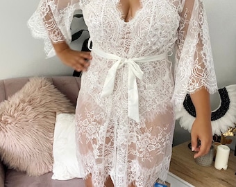 Luxe White Lace Robe / Bridal Robe Honeymoon Lingerie / Bridal Party Wedding day ready robe / Sexy Lace Kimono Robe