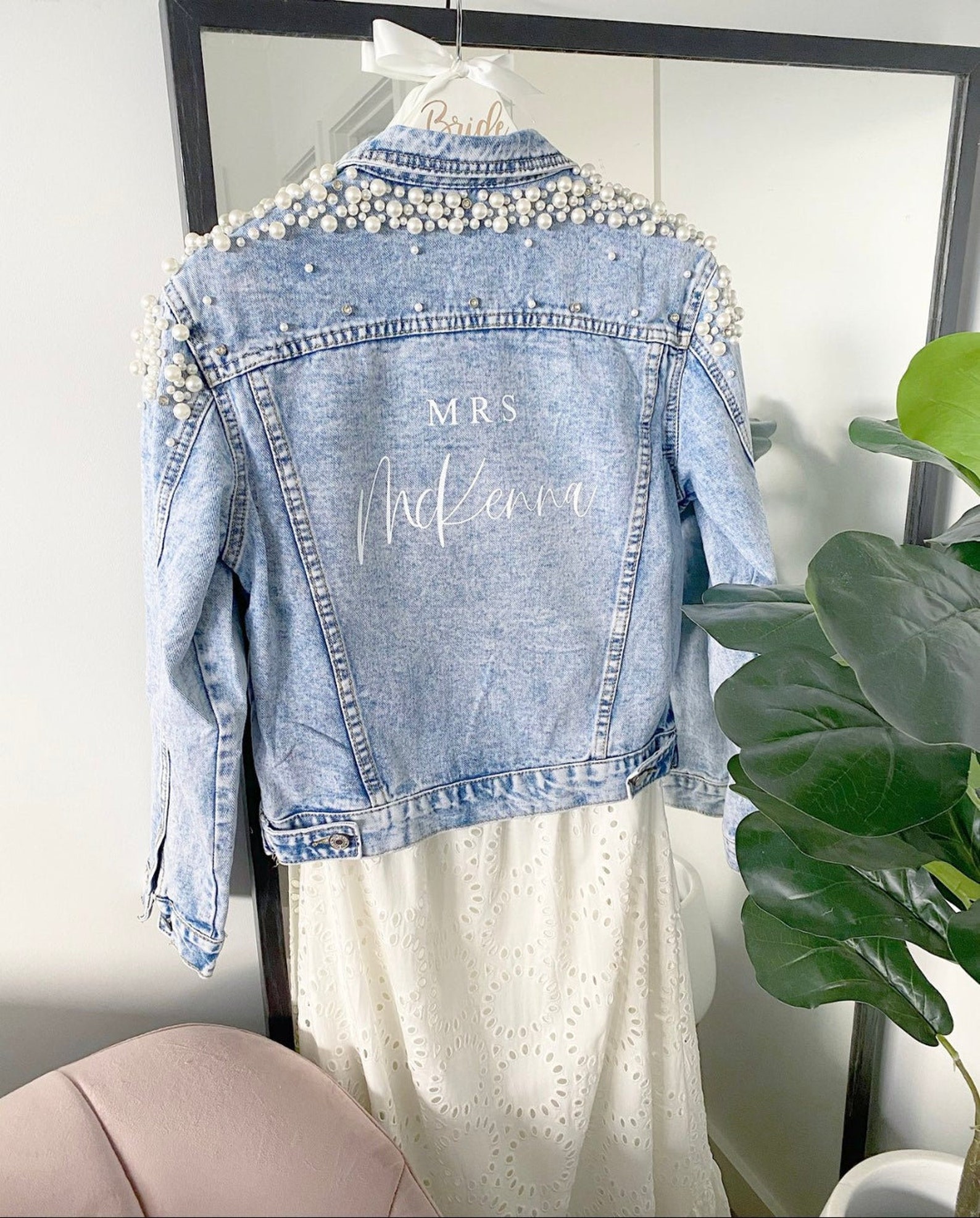 Gorgeous Luxe Denim Jacket With Pearl Personalized Bride Etsy