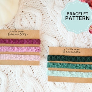 May include: Handmade friendship bracelets in shades of pink, purple, and green, displayed on brown cards. Each card features three bracelets with a geometric pattern. The text "belle mer bracelets" is written on the cards. A light blue sign says "BRACELET PATTERN".