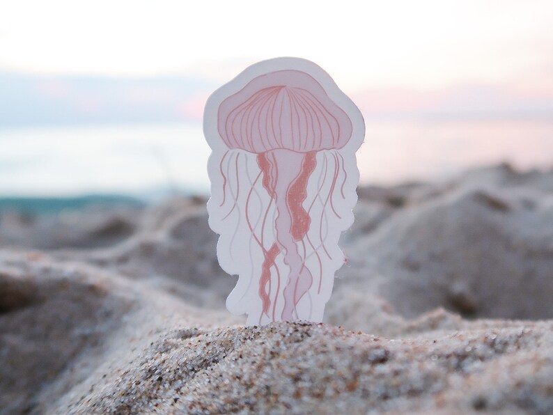 Puede incluir: Un recorte de papel rosa y blanco de una medusa en una playa de arena.