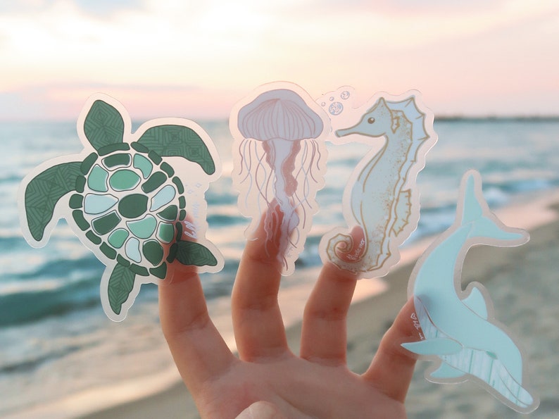 Puede incluir: Cuatro pegatinas transparentes con dise&ntilde;os de vida marina. Una tortuga marina verde, una medusa rosa, un caballito de mar azul claro y un delf&iacute;n azul claro.