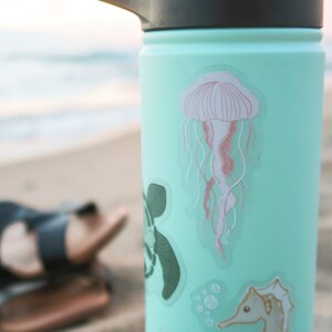 Puede incluir: Una botella de agua reutilizable de color azul claro con tapa negra y asa. La botella tiene varias pegatinas, entre ellas una medusa rosa, una tortuga marina y un caballito de mar.