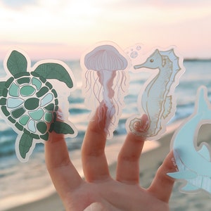 Clear Waterproof Ocean Stickers Bundle, Aesthetic Waterproof Hydroflask Stickers, Tropical Turtle Sticker, Dolphin Sticker, Seahorse Sticker