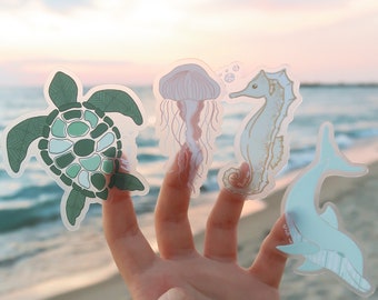 Clear Waterproof Ocean Stickers Bundle, Aesthetic Waterproof Hydroflask Stickers, Tropical Turtle Sticker, Dolphin Sticker, Seahorse Sticker