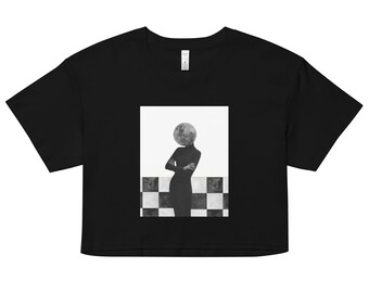 Black Crop Top, Moon Lady Cropped T-Shirt, Cotton Summer Top, Surreal Art, Gothic Chic, Feminine Art, Witchy Crop Top, Full Moon T-Shirt