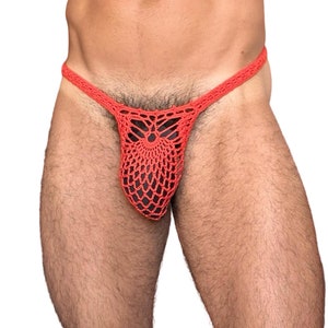 Handmade sheer mens thong swimwear, see through crochet male pouch thong, mens underwear