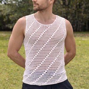 Crochet mens tank top, Handmade mens sleeveless t shirt, fishnet summer mens tank top, sheer tshirt image 1