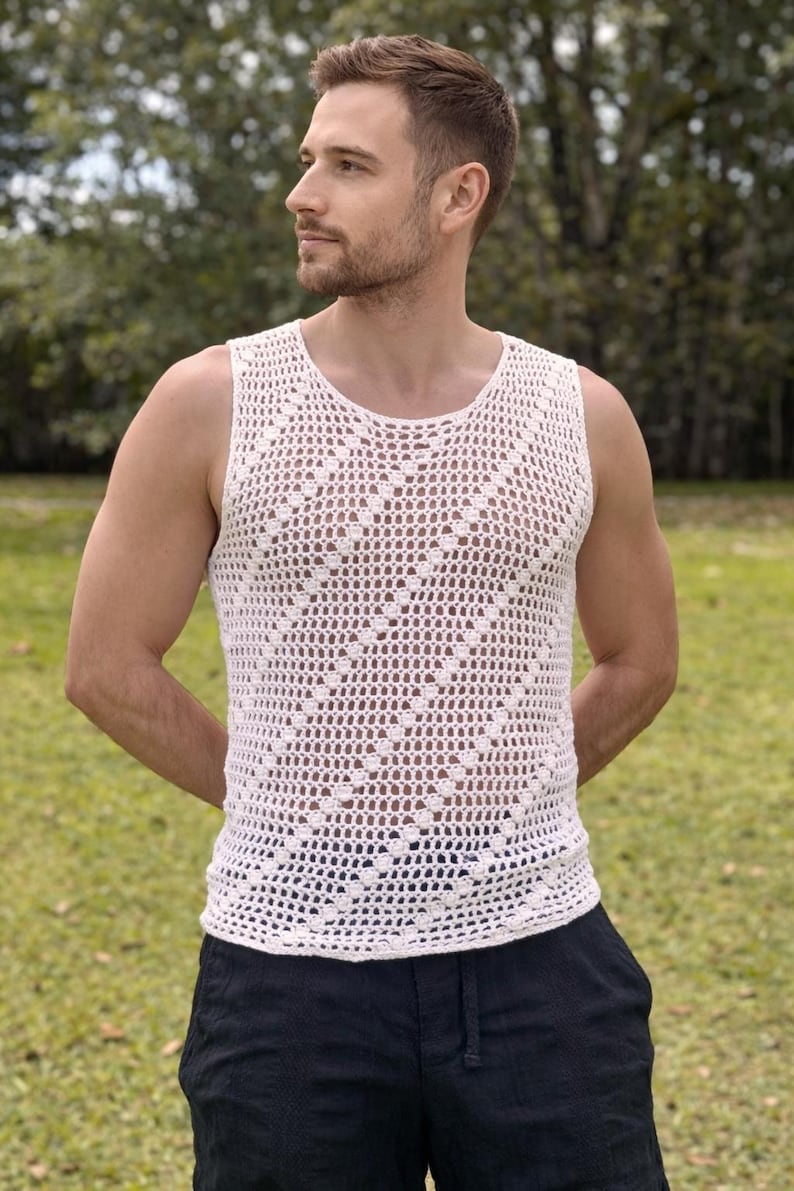 Crochet mens tank top, Handmade mens sleeveless t shirt, fishnet summer mens tank top, sheer tshirt image 1