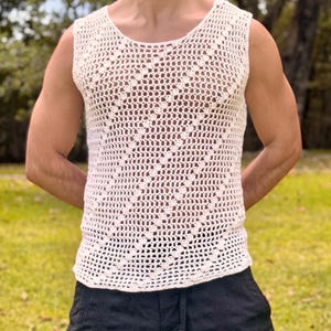 Fishnet mens tank top, Handmade mens sleeveless t shirt, crochet summer mens tank top