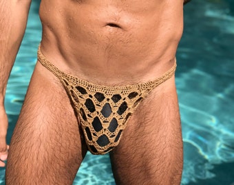 Prześwitujące męskie stringi, męskie stringi z kieszonką robione na szydełku, ręcznie robione męskie bikini, prześwitująca męska bielizna pod spodem