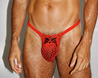 Przezroczyste męskie stringi bikini, przezroczyste męskie stringi bikini, ręcznie robione na szydełku męskie stringi typu woreczek, seksowna męska bielizna