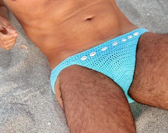Crochet mens swimwear bikini briefs with seashells, handmade speedo swimwear